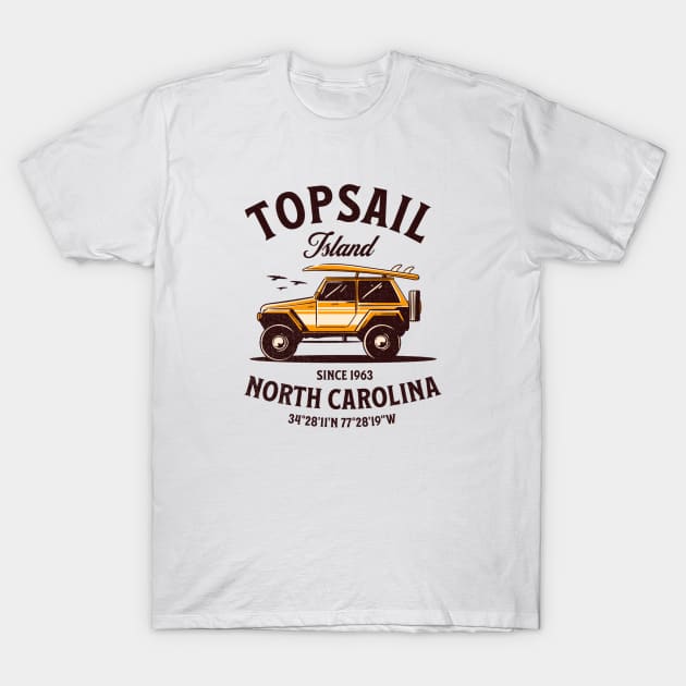 Topsail Island, NC Surfboard Vacationing T-Shirt by Contentarama